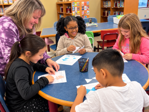 Students work together on a hands-on computer science activity with an educator.